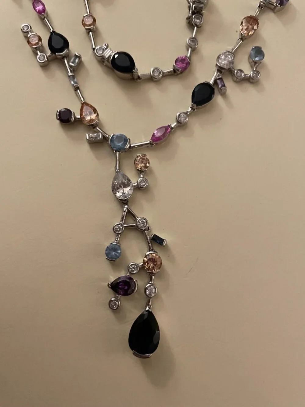 Sterling Silver Necklace Multi Stone 925 Abstract Contemporary 16-18
